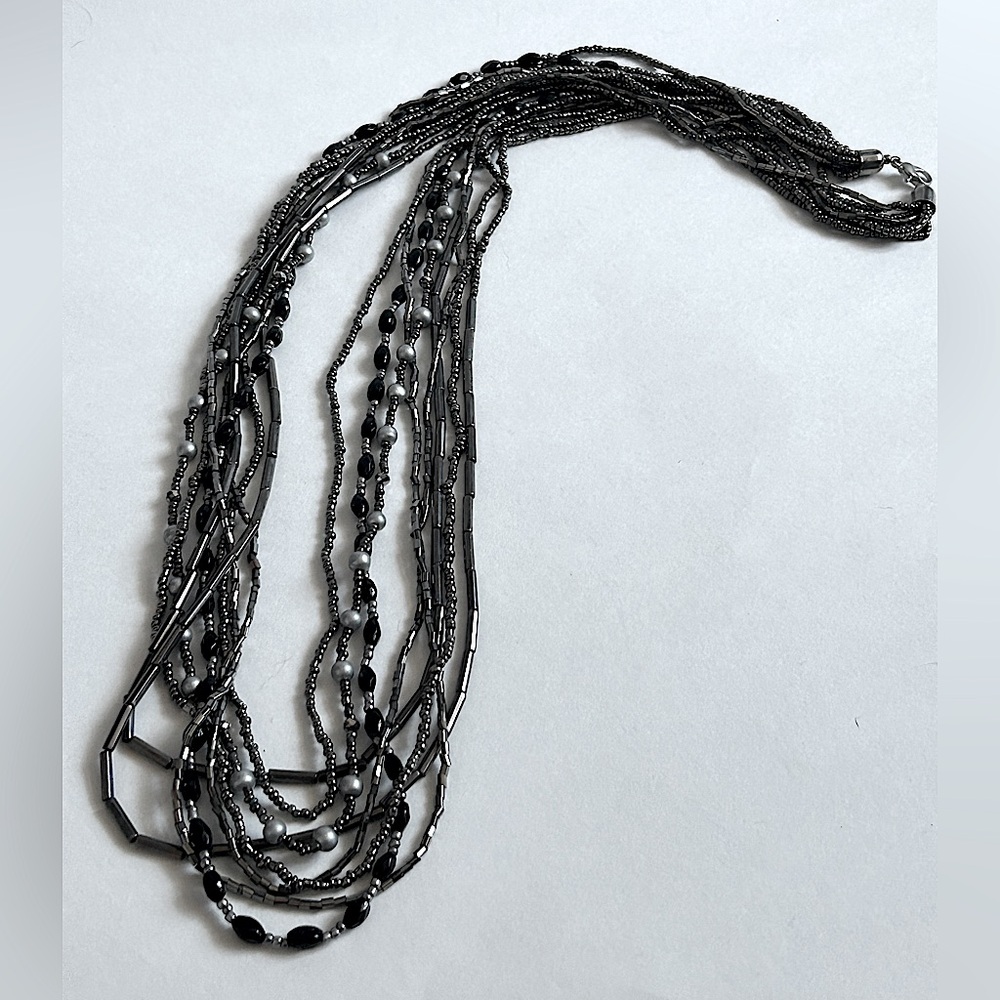 Gunmetal Black and Silver Multistrand Beaded Necklace